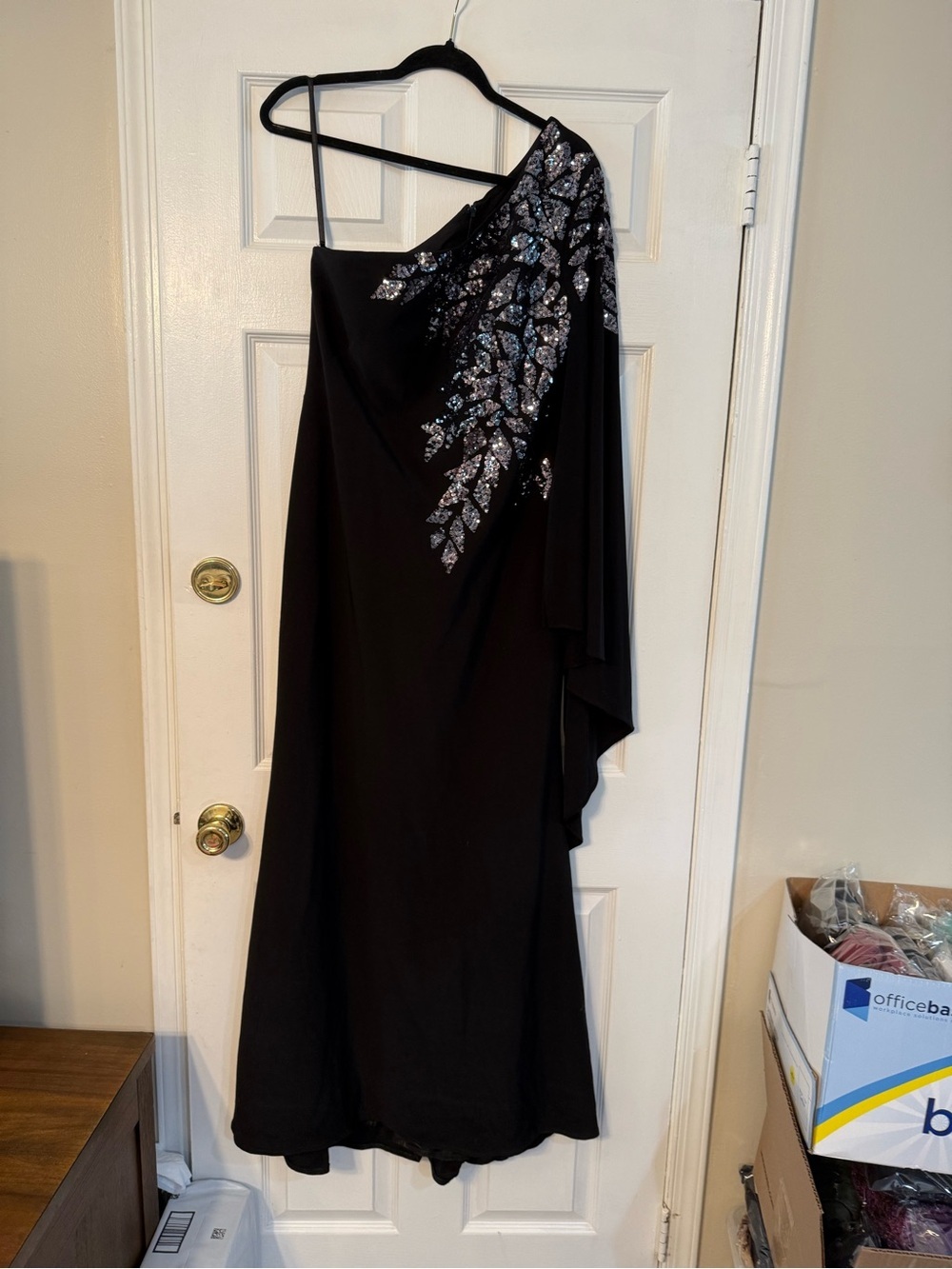 Xscape Black One-Shoulder Evening Gown with Silver Sequin Leaf Accent
